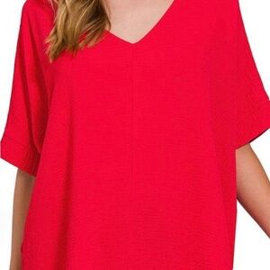 Zenana Outfitters Bright Red V-Neck Blouse